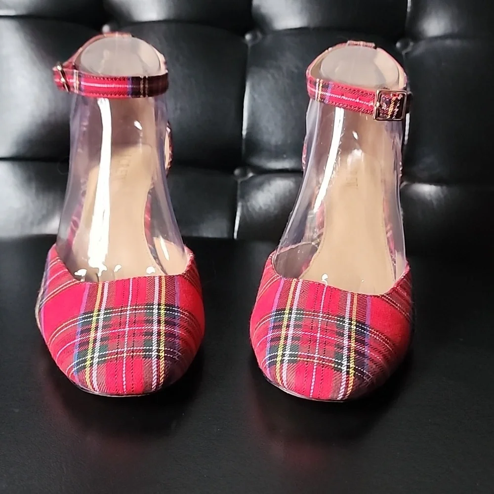 J. Crew Factory Tartan Plaid Ankle-Strap Block Heels Red Holiday Pumps Size 9.5 - Picture 2 of 9
